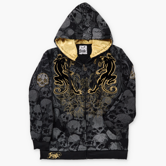 Velvet Panthers & Rhinestone Skulls Embroidered Black & Gold Hoodie Sweatshirt (XXL)