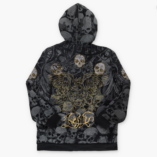 Velvet Panthers & Rhinestone Skulls Embroidered Black & Gold Hoodie Sweatshirt (XXL)