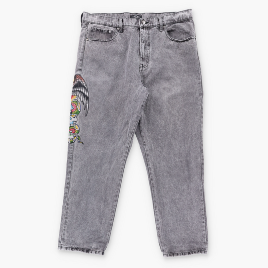 Vintage ED HARDY Embroidered Smoke & Skull Y2K Dark Grey Jeans (38) ***COCO Vintage Sole Melbourne