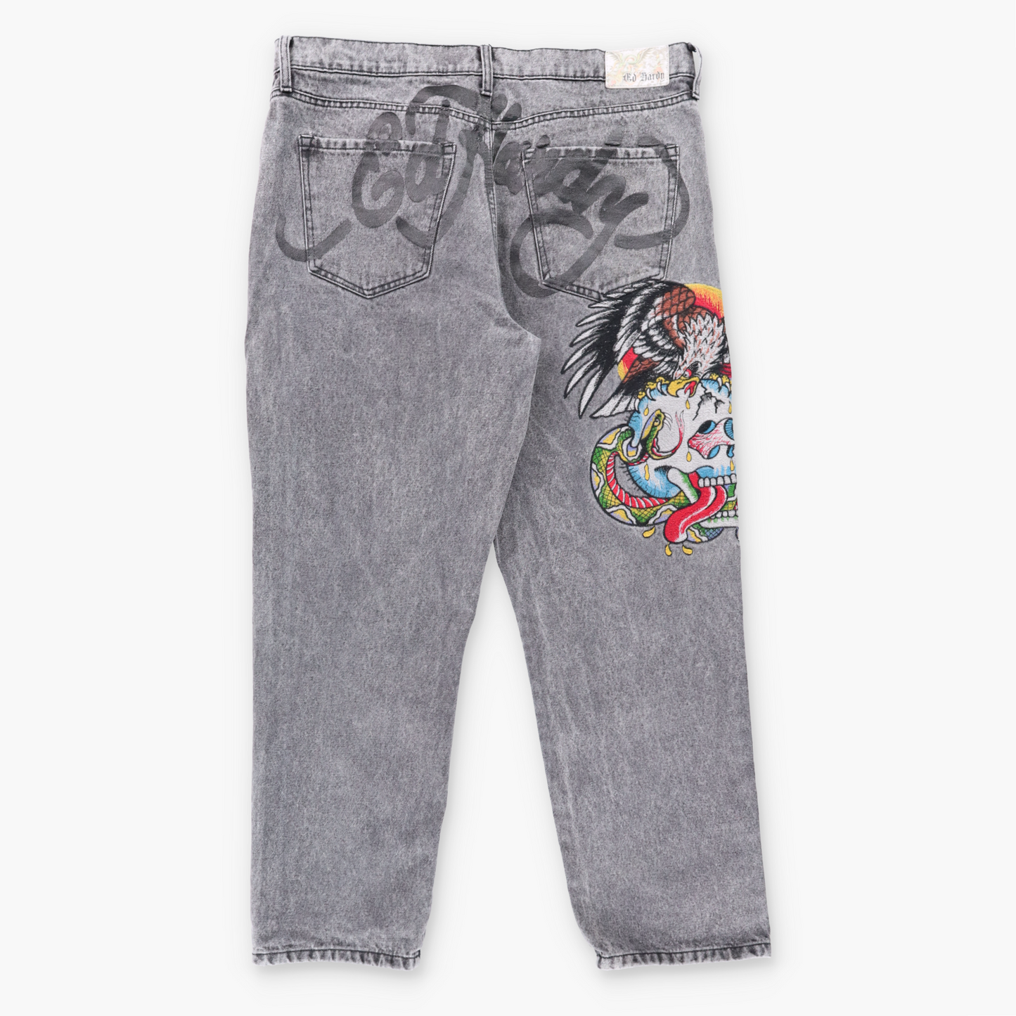 Vintage ED HARDY Embroidered Smoke & Skull Y2K Dark Grey Jeans (38) ***COCO Vintage Sole Melbourne