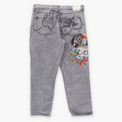Vintage ED HARDY Embroidered Smoke & Skull Y2K Dark Grey Jeans (38) ***COCO Vintage Sole Melbourne