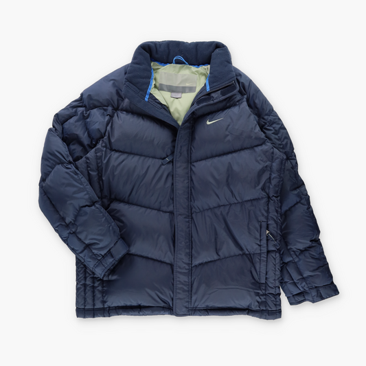 NIKE Navy & Green Embroidered Centre Swoosh Back Down Puffer Jacket (XL)