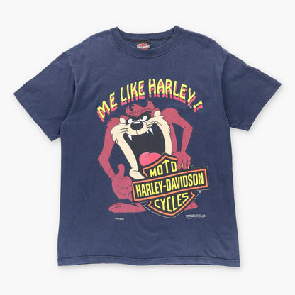 Vintage 1992 HARLEY DAVIDSON X TAZ 'Me Like Harley' Cartoon Navy Stripe USA Made T-Shirt (L-XL) *Aubs Vintage Sole Melbourne