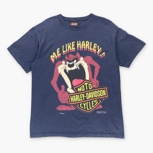 Vintage 1992 HARLEY DAVIDSON X TAZ 'Me Like Harley' Cartoon Navy Stripe USA Made T-Shirt (L-XL) *Aubs Vintage Sole Melbourne