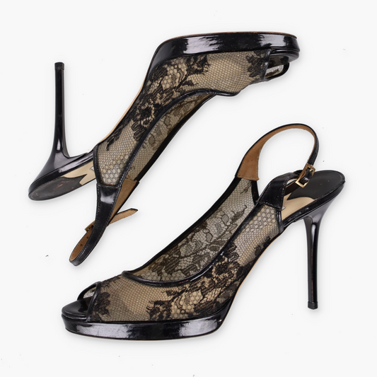 JIMMY CHOO Lace Peep-Toe Italy Made Pump Heels (37)