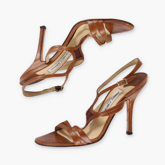 JIMMY CHOO Brown Leather Strappy Adjustable Buckle Heels Italian Made (37.5)