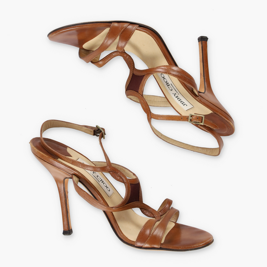 JIMMY CHOO Brown Leather Strappy Adjustable Buckle Heels Italian Made (37.5)