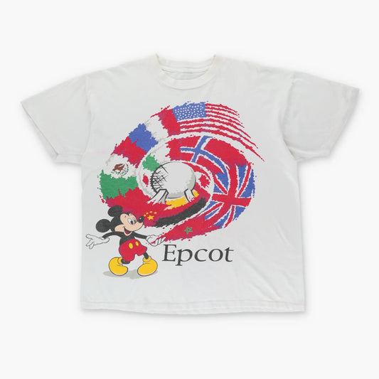 Vintage MICKEY MOUSE 'Epcot' Disney World Flag Single Stitch White Tee (L) - Vintage Sole Melbourne