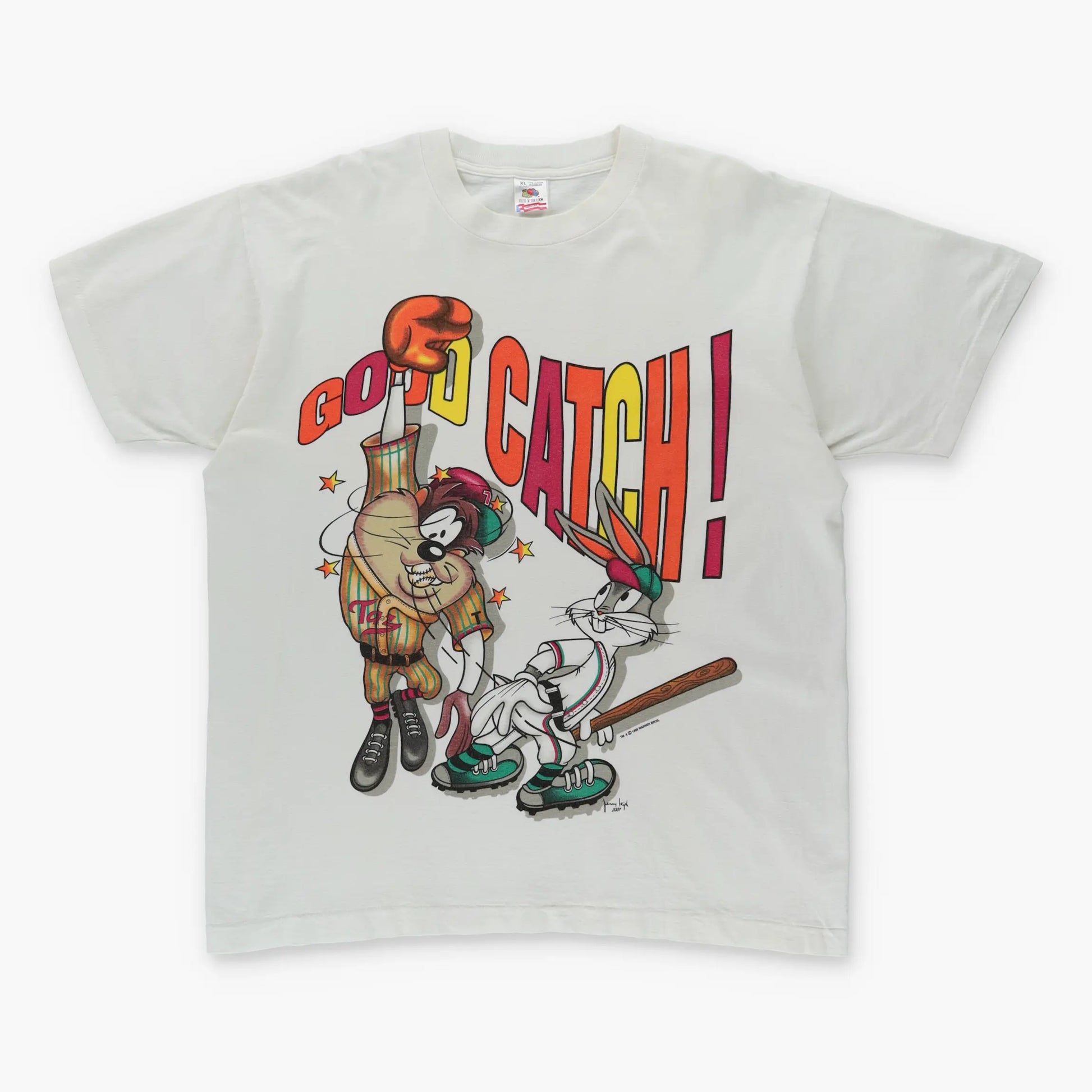 1993 LOONEY TUNES 'Good Catch!' Bugs Bunny Taz USA Made Baseball White Tee (XL) - Vintage Sole Melbourne