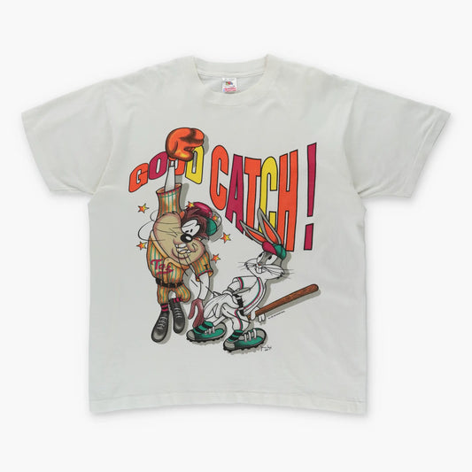 1993 LOONEY TUNES 'Good Catch!' Bugs Bunny Taz USA Made Baseball White Tee (XL) - Vintage Sole Melbourne