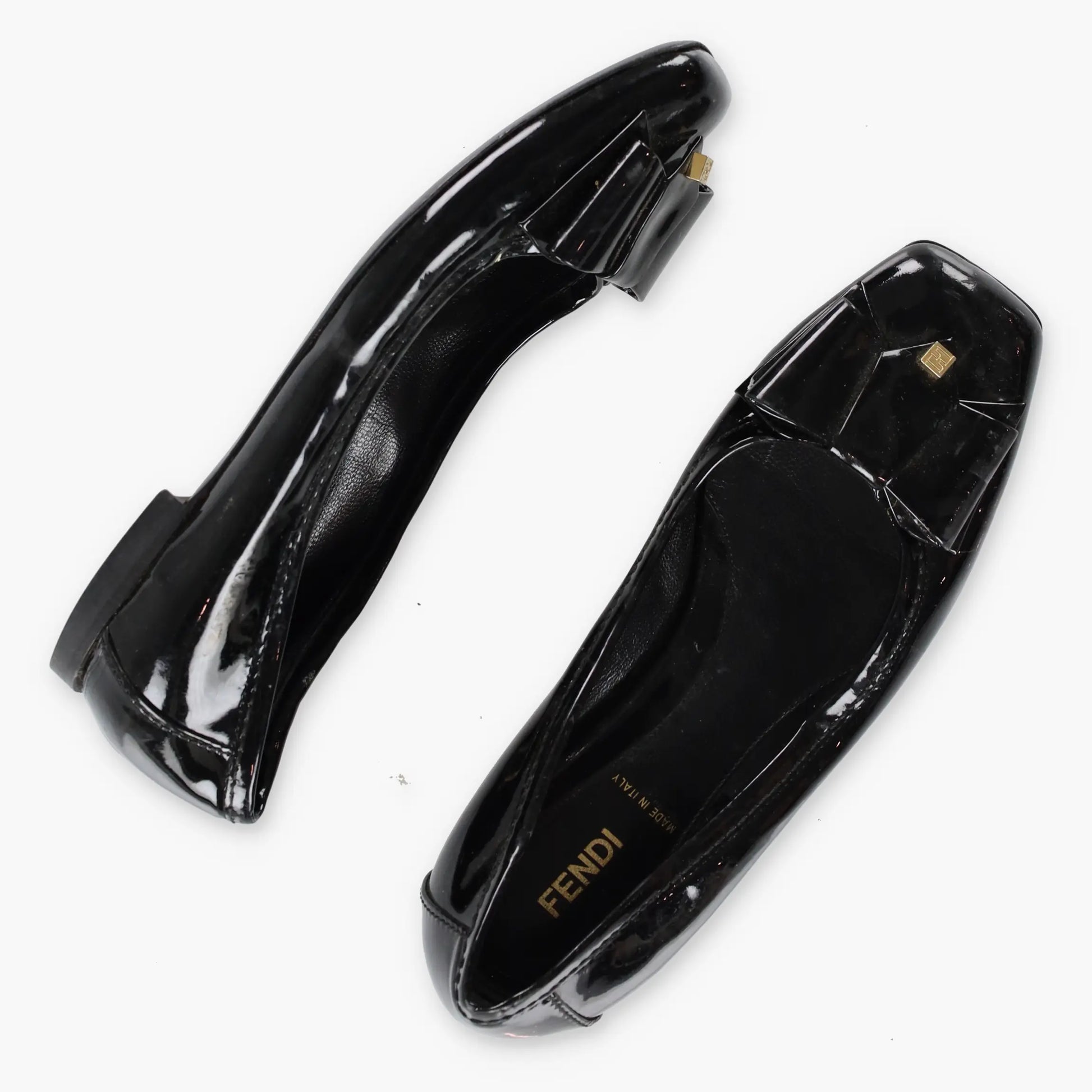 FENDI Patent Bow Italy Made Black & Gold Ballet Flats (36) *Aubany Vintage Sole Melbourne