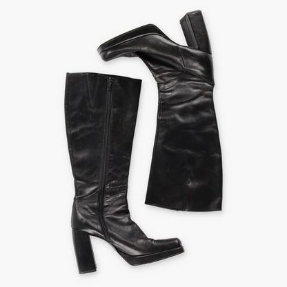 GUESS 90's Platform Square Toe Tall Spain Made Black Boots (7) *Aubany Vintage Sole Melbourne