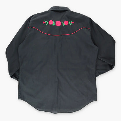 Vintage Western ELY DIAMOND Cattleman Snap Floral Embroidered Black & Red Shirt (XL)