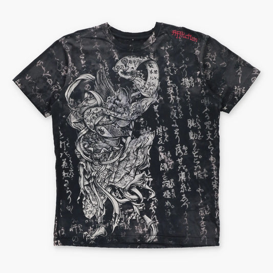 AFFLICTION Japanese Writing All Over Print & Red Patch Distressed Y2K Style Black Tee USA Made (L-XL)