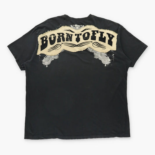 NOSTIC "Born To Fly" Velvet Patch & Embroidered Logo Black Y2K Style T-Shirt (XXXL)
