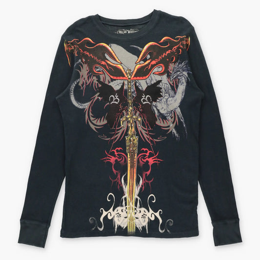 Vintage Y2K Embellished Dragons & Swords Thermal Waffle Knit Long Sleeve Tee USA Made (M-L)