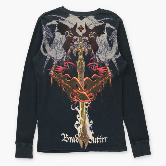 Vintage Y2K Embellished Dragons & Swords Thermal Waffle Knit Long Sleeve Tee USA Made (M-L)