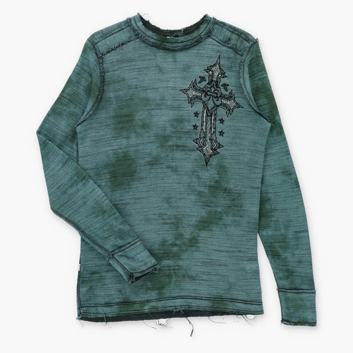 Vintage AFFLICTION Reversible Emerald Green & Black Y2K Velvet Cross Waffle Thermal Long Sleeve Tee (L)