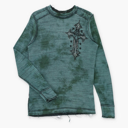 Vintage AFFLICTION Reversible Emerald Green & Black Y2K Velvet Cross Waffle Thermal Long Sleeve Tee (L)