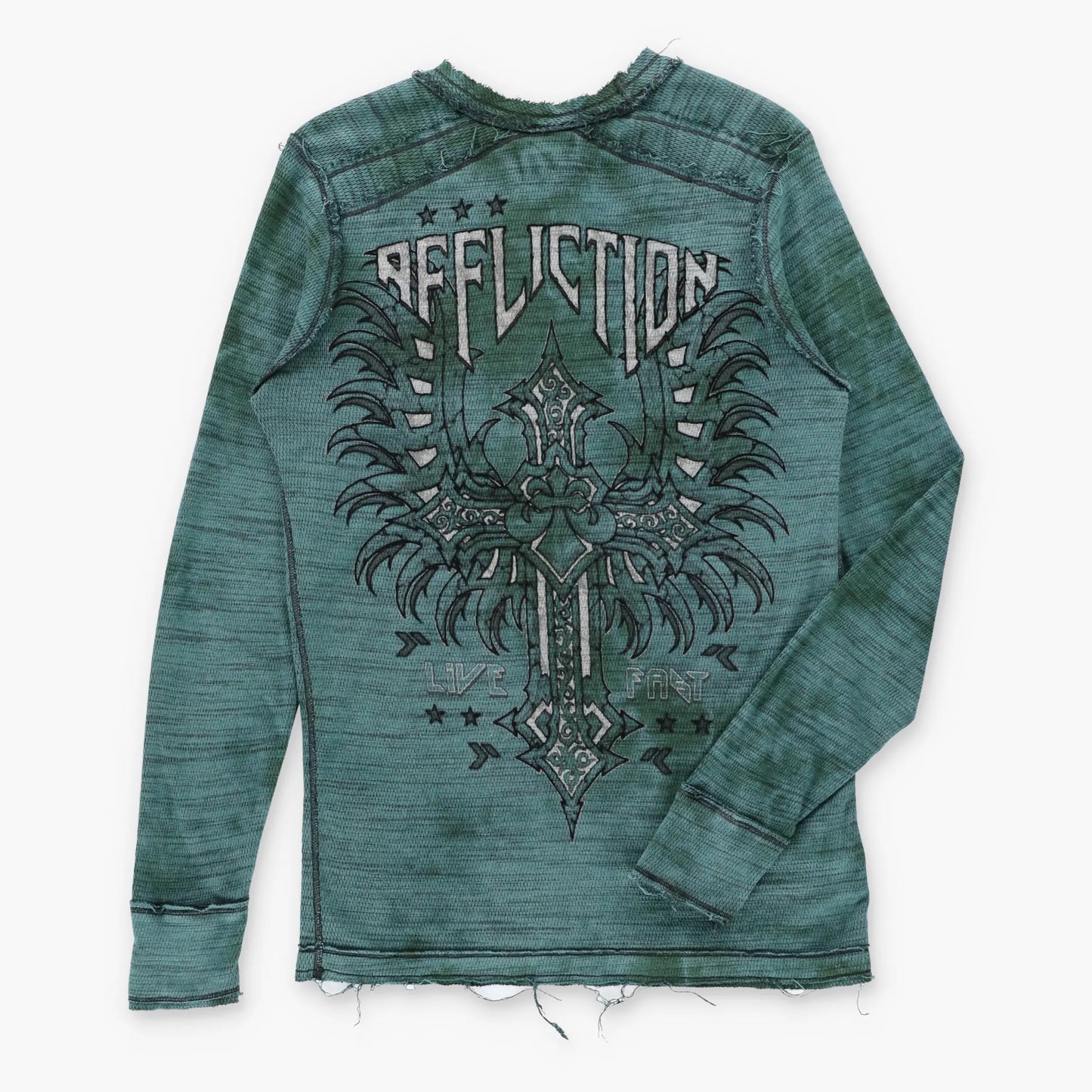 Vintage AFFLICTION Reversible Emerald Green & Black Y2K Velvet Cross Waffle Thermal Long Sleeve Tee (L)