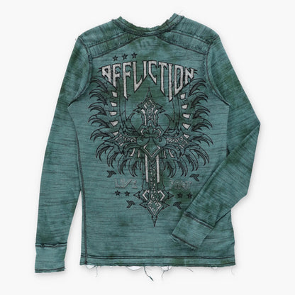 Vintage AFFLICTION Reversible Emerald Green & Black Y2K Velvet Cross Waffle Thermal Long Sleeve Tee (L)