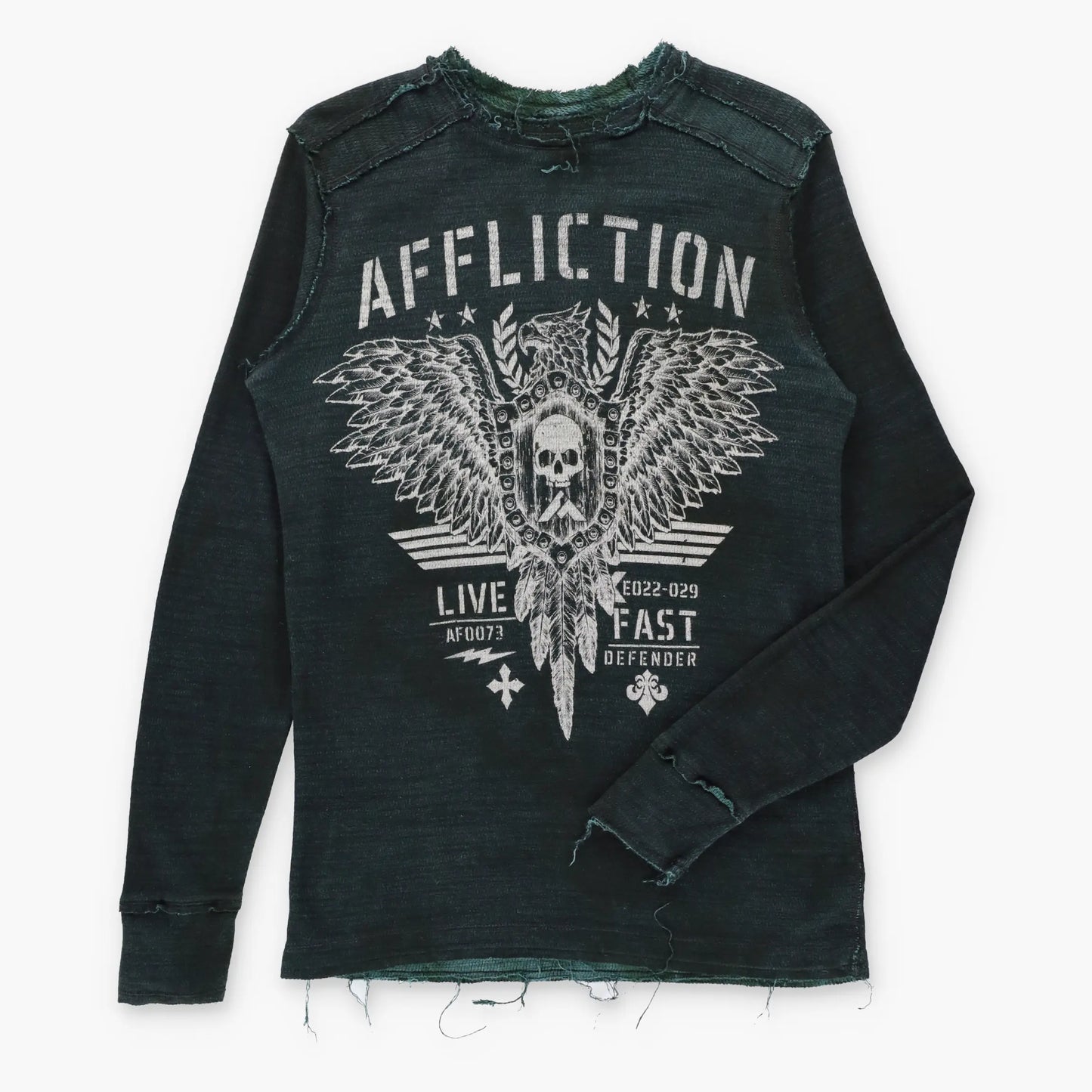 Vintage AFFLICTION Reversible Emerald Green & Black Y2K Velvet Cross Waffle Thermal Long Sleeve Tee (L)