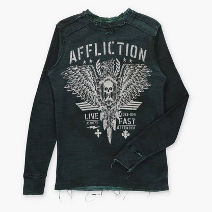 Vintage AFFLICTION Reversible Emerald Green & Black Y2K Velvet Cross Waffle Thermal Long Sleeve Tee (L)
