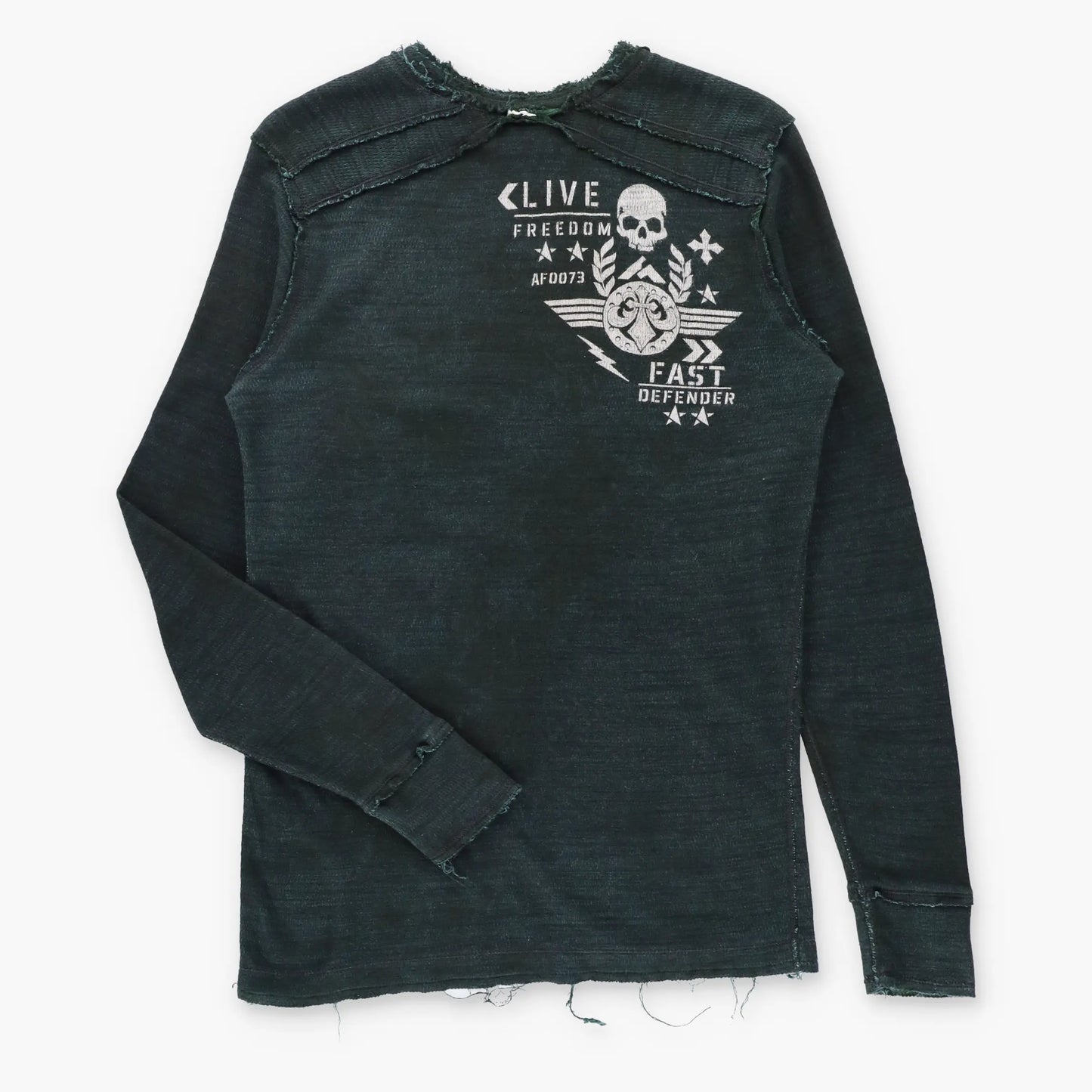 Vintage AFFLICTION Reversible Emerald Green & Black Y2K Velvet Cross Waffle Thermal Long Sleeve Tee (L)