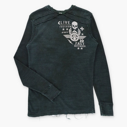 Vintage AFFLICTION Reversible Emerald Green & Black Y2K Velvet Cross Waffle Thermal Long Sleeve Tee (L)