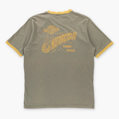 HARLEY DAVIDSON Khaki & Mustard Yellow Embroidered Logo Milwaukee Ringer Tee USA Made (L)