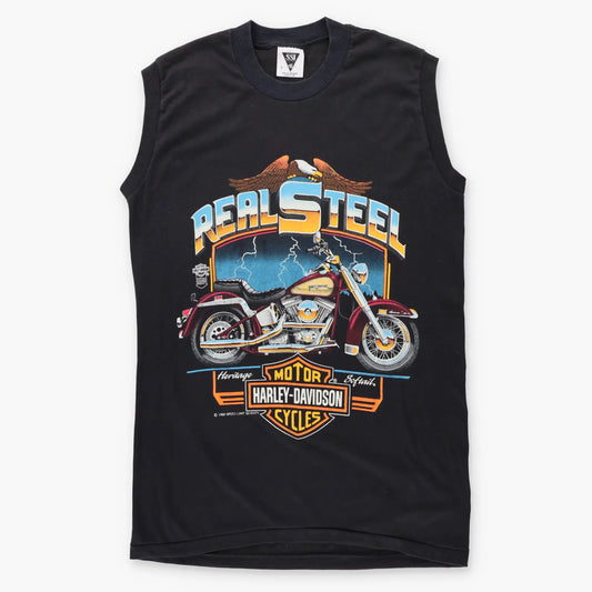 Vintage 1988 HARLEY DAVIDSON "Real Steel" Black Single Stitch Sleeveless Tee USA Made (M TALL)
