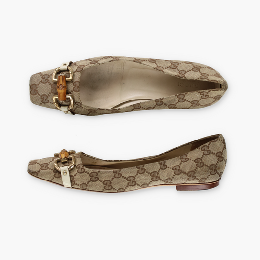 GUCCI 'ITALY Made' Monogram Bamboo Horse-Bit Pointed Toe Flats (40C)