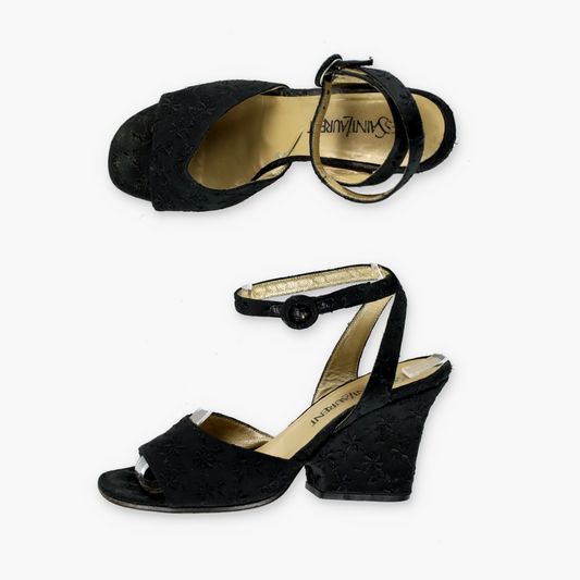 YVES SAINT LAURENT YSL Embroidered Open Toe Strappy Black Wedges Heels (6.5)