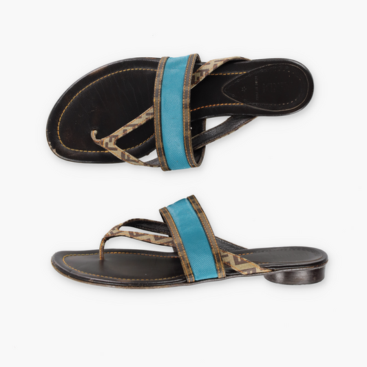 FENDI Italian Made Turquoise & Brown Flat Leather Sandals (39.5)