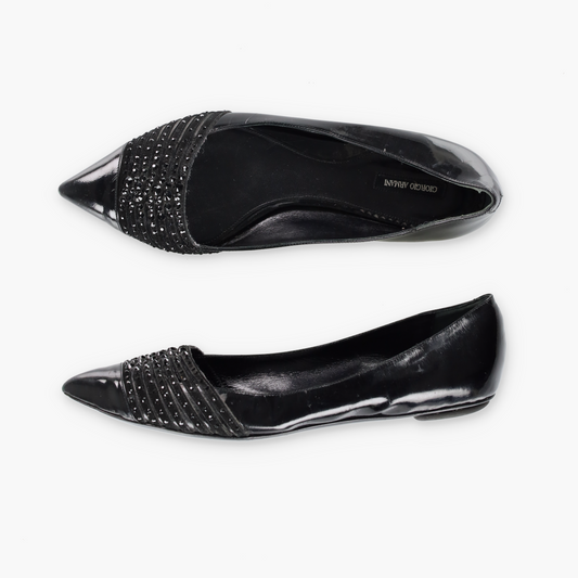 GIORGIO ARMARNI Patent Embellished Italy Made Black Flats (38)
