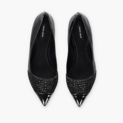 GIORGIO ARMARNI Patent Embellished Italy Made Black Flats (38)