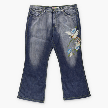 CREST JEANS Embroidered Bird Green Stitch Blue Faded Jeans (Unisex XXXL)
