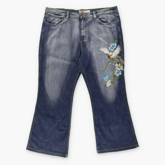 CREST JEANS Embroidered Bird Green Stitch Blue Faded Jeans (Unisex XXXL)