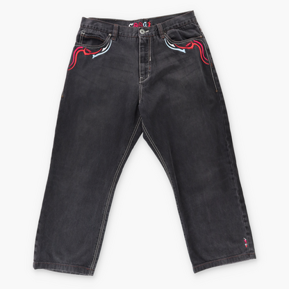 COOGI Y2K Embroidered Pocket Black & Red Denim Jeans (38x34)
