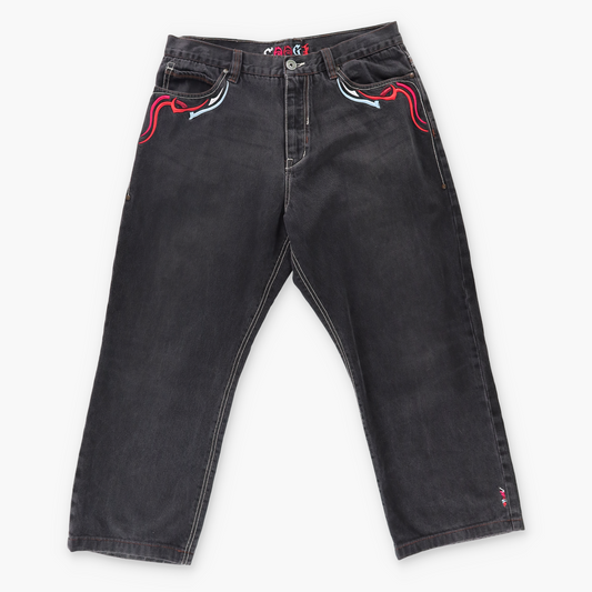 COOGI Y2K Embroidered Pocket Black & Red Denim Jeans (38x34)