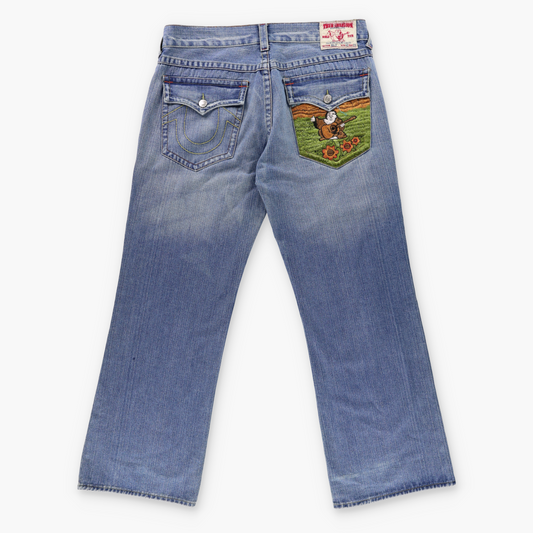 TRUE RELIGION Y2K Embroidered Johnny Buddha Guitar USA Made Jeans (40/33)