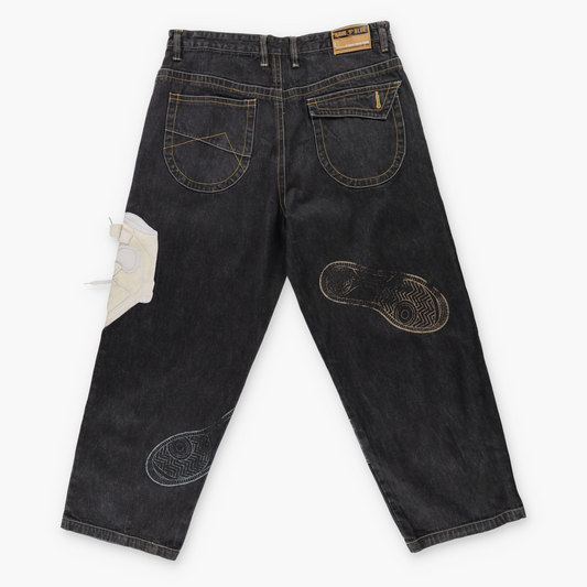 RAW BLUE Y2K Embroidered 3D Shoe Lace Footprint Black Jeans (38x31)