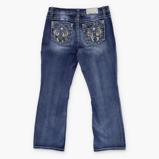 MISS ME Y2K Embellished Feather Pocket 'Mid Rise Curvy Boot' Jeans (33)