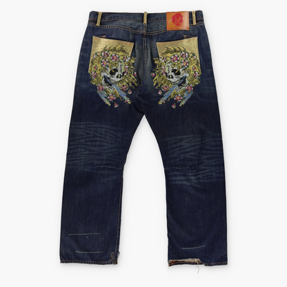ED HARDY X CHRISTIAN AUDIGIER Embellished Skull Pocket Distressed Jeans (38)