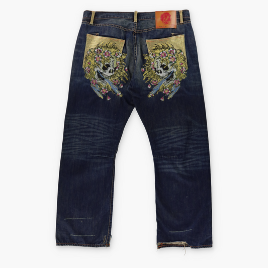 ED HARDY X CHRISTIAN AUDIGIER Embellished Skull Pocket Distressed Jeans (38)