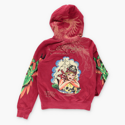 Vintage ED HARDY By Christian Audigier Red Rhinestone Hooded Sweatshirt *Aubs Vintage Sole Melbourne