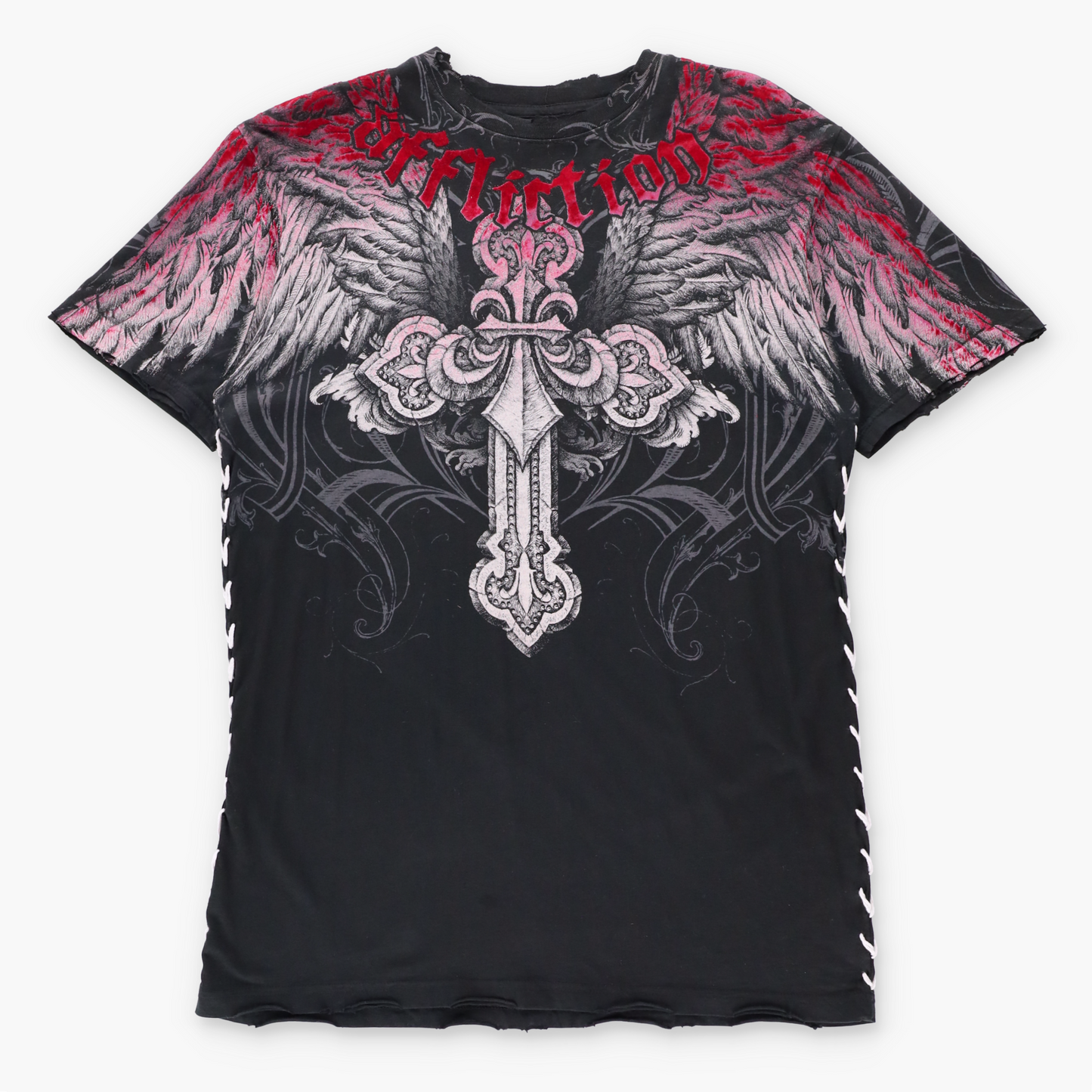 AFFLICTION Vintage Y2K Black & Red Velvet Detail Cross Wings USA Made Tee (M TALL) ***COCO Vintage Sole Melbourne