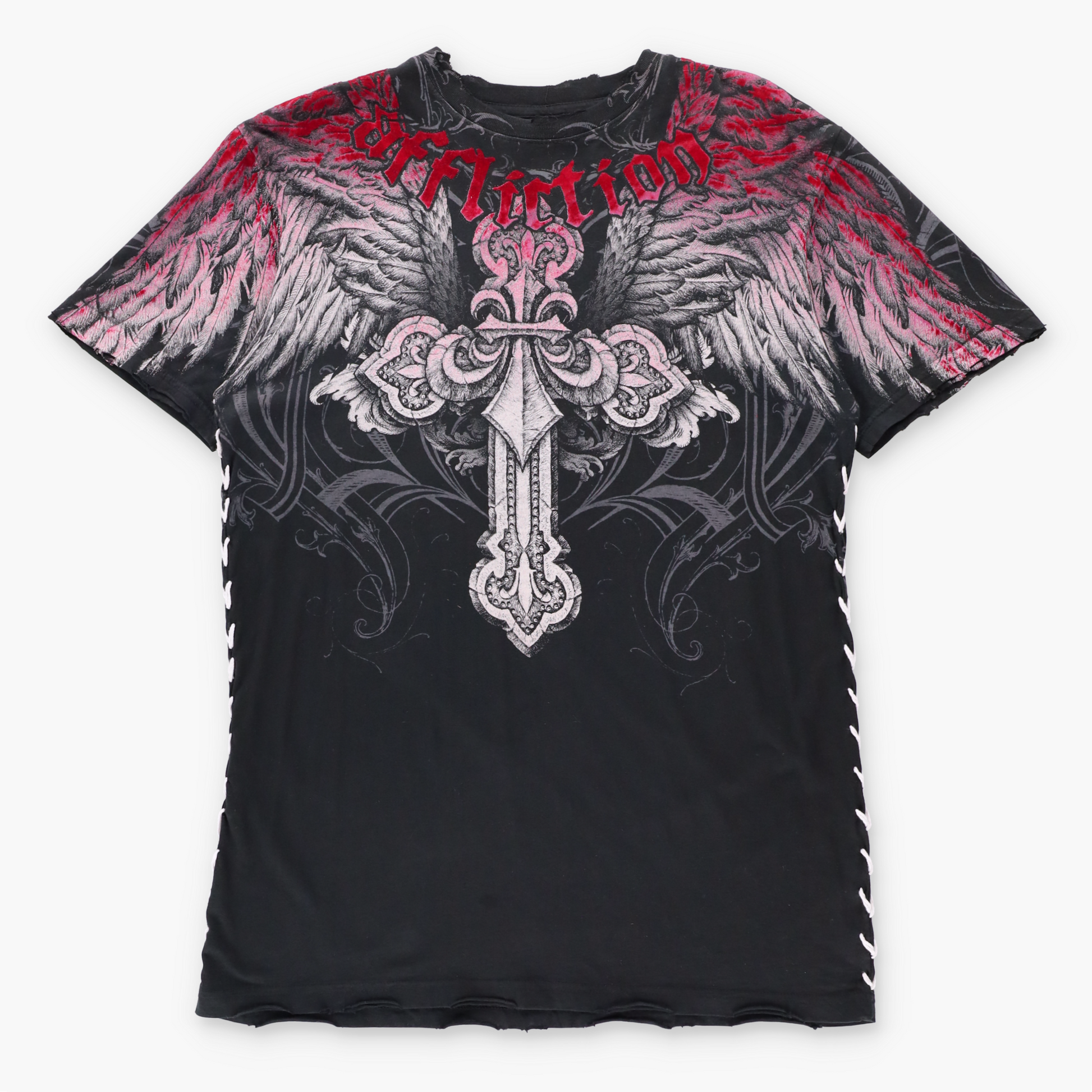 AFFLICTION Vintage Y2K Black & Red Velvet Detail Cross Wings USA Made Tee (M TALL) ***COCO Vintage Sole Melbourne