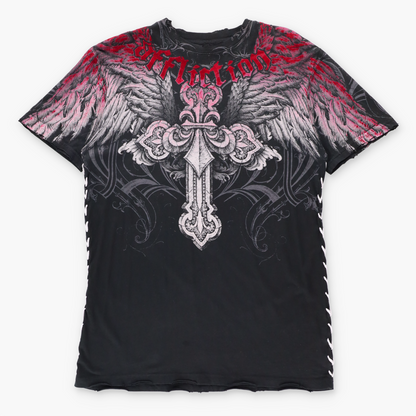 AFFLICTION Vintage Y2K Black & Red Velvet Detail Cross Wings USA Made Tee (M TALL) ***COCO Vintage Sole Melbourne