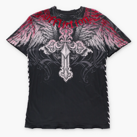 AFFLICTION Vintage Y2K Black & Red Velvet Detail Cross Wings USA Made Tee (M TALL) ***COCO Vintage Sole Melbourne